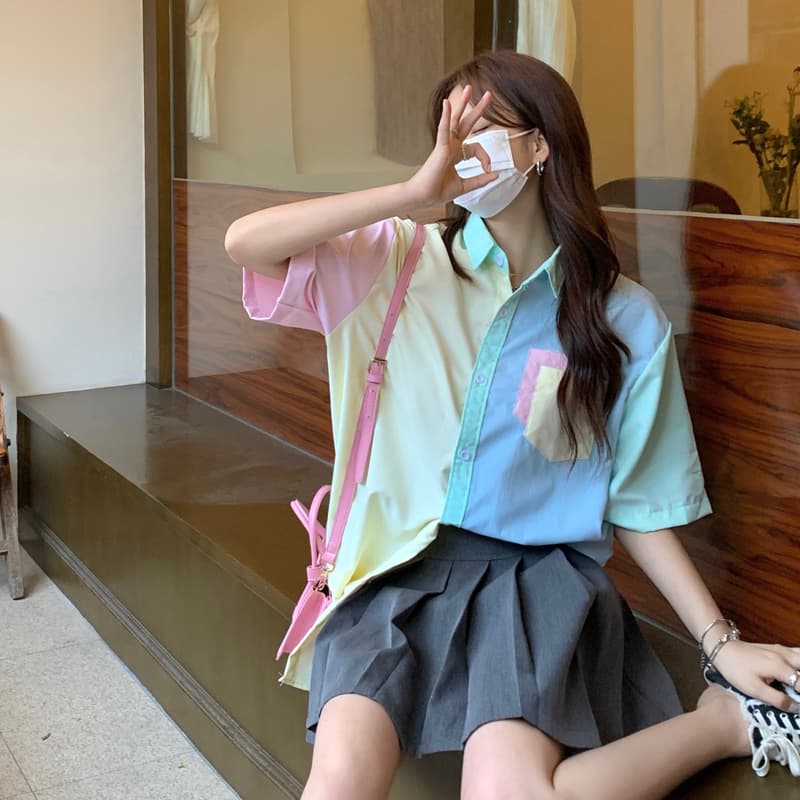 실사 디자인 센스 작은 대중 말 카드 용 배색 반팔 여성 셔츠 여름 루즈핏 한 부서 느긋한 바람 워크웨어 반소매 상세 이미지 13