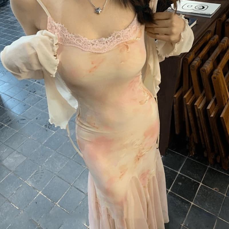 프랑스식 부유 한 가족 천 골드 핑크색 꽃무늬 슬립 드레스 여성 여름 핫걸 몸매 가꾸기 섹시함 고급 센스 망사 드레스 이미지 5