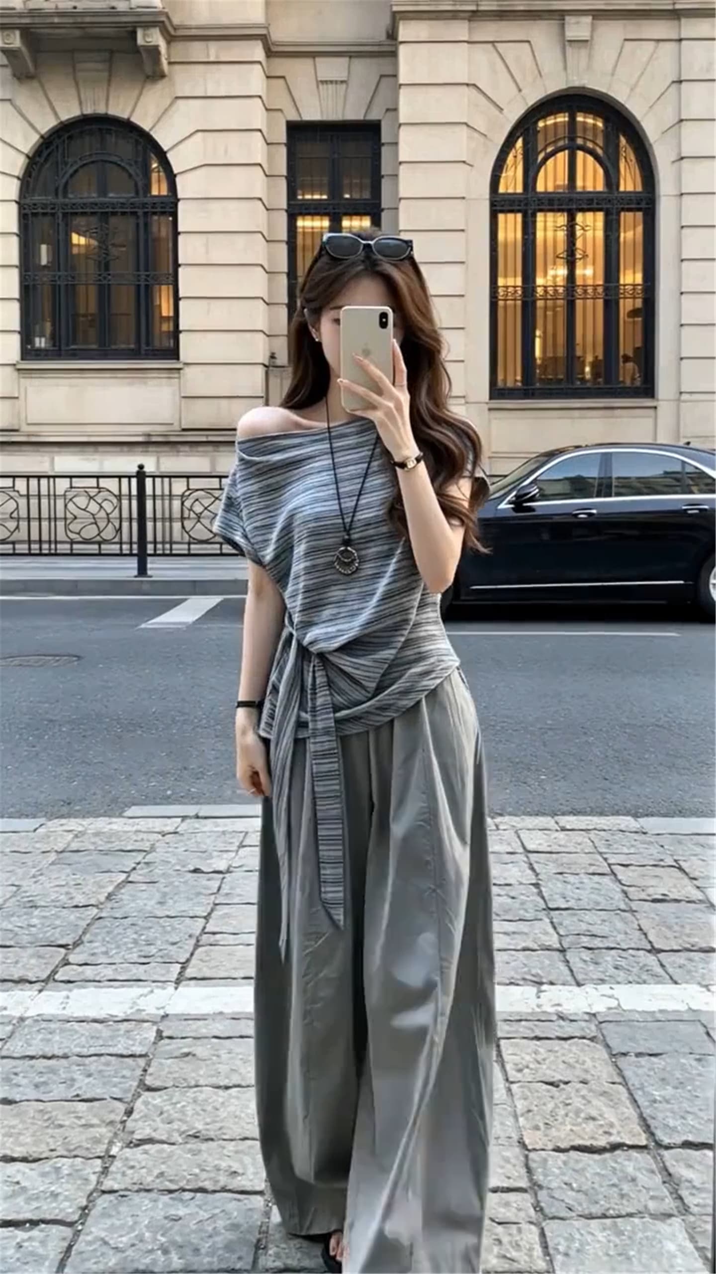 한 부서 슈퍼 잘 생긴 느슨함 센스 착용 가져 가라. 에이즈 환자 여성 세트 여름 비스듬한 어깨 스트라이프 맨위 캐주얼 바지 투피스 슈트 상세 이미지 5
