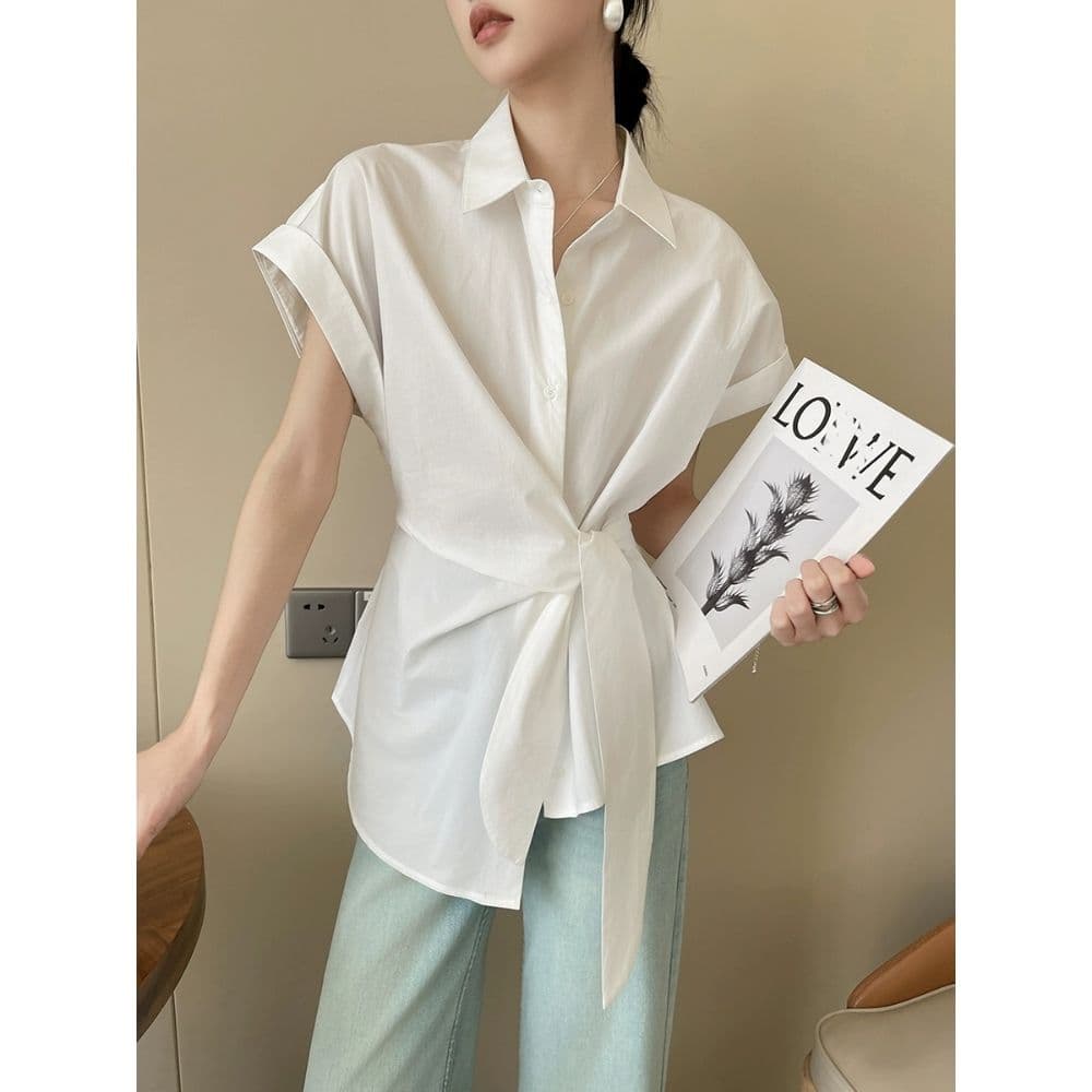 느긋한 POLO 칼라 반팔 여성 셔츠 여름 2026 새로운 허리 수축 레이스업 루즈핏 캐주얼 미니멀리즘 다용도 맨위 이미지 5