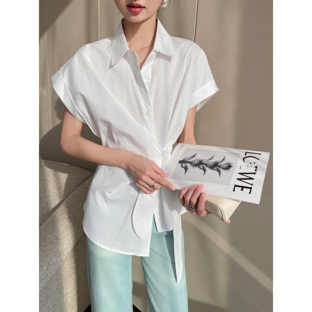 느긋한 POLO 칼라 반팔 여성 셔츠 여름 2026 새로운 허리 수축 레이스업 루즈핏 캐주얼 미니멀리즘 다용도 맨위 상세 이미지 7