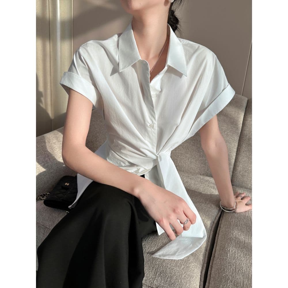 느긋한 POLO 칼라 반팔 여성 셔츠 여름 2026 새로운 허리 수축 레이스업 루즈핏 캐주얼 미니멀리즘 다용도 맨위 상세 이미지 17
