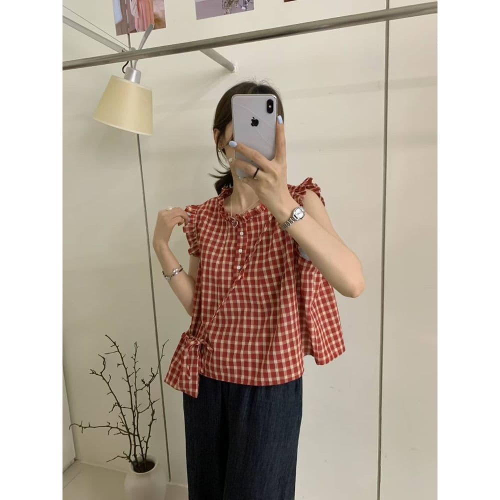 phome 달콤함 작은 날다 소매 스탠드 칼라 체크무늬 여성 셔츠 여름 프랑스식 작은 키 루즈핏 연령 감소 인형 맨위