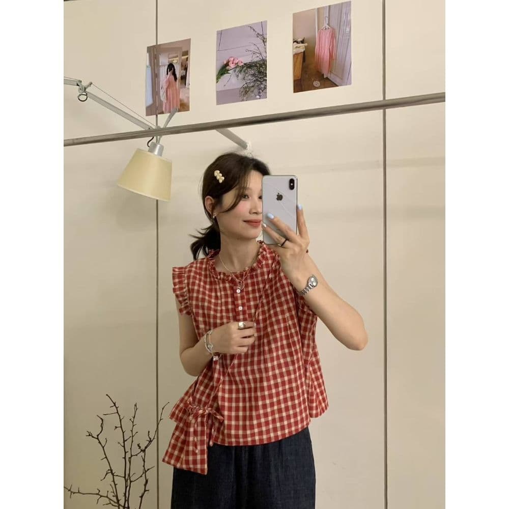 phome 달콤함 작은 날다 소매 스탠드 칼라 체크무늬 여성 셔츠 여름 프랑스식 작은 키 루즈핏 연령 감소 인형 맨위 이미지 2