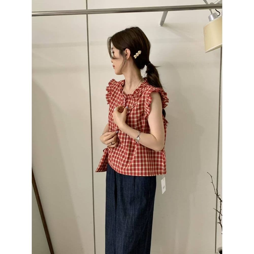 phome 달콤함 작은 날다 소매 스탠드 칼라 체크무늬 여성 셔츠 여름 프랑스식 작은 키 루즈핏 연령 감소 인형 맨위 이미지 3