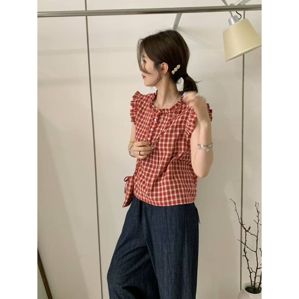 phome 달콤함 작은 날다 소매 스탠드 칼라 체크무늬 여성 셔츠 여름 프랑스식 작은 키 루즈핏 연령 감소 인형 맨위 이미지 4