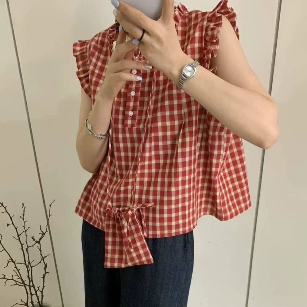 phome 달콤함 작은 날다 소매 스탠드 칼라 체크무늬 여성 셔츠 여름 프랑스식 작은 키 루즈핏 연령 감소 인형 맨위 상세 이미지 2