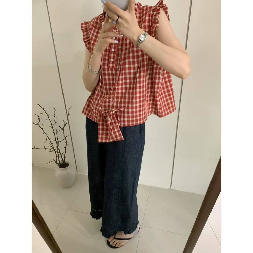 phome 달콤함 작은 날다 소매 스탠드 칼라 체크무늬 여성 셔츠 여름 프랑스식 작은 키 루즈핏 연령 감소 인형 맨위 상세 이미지 5