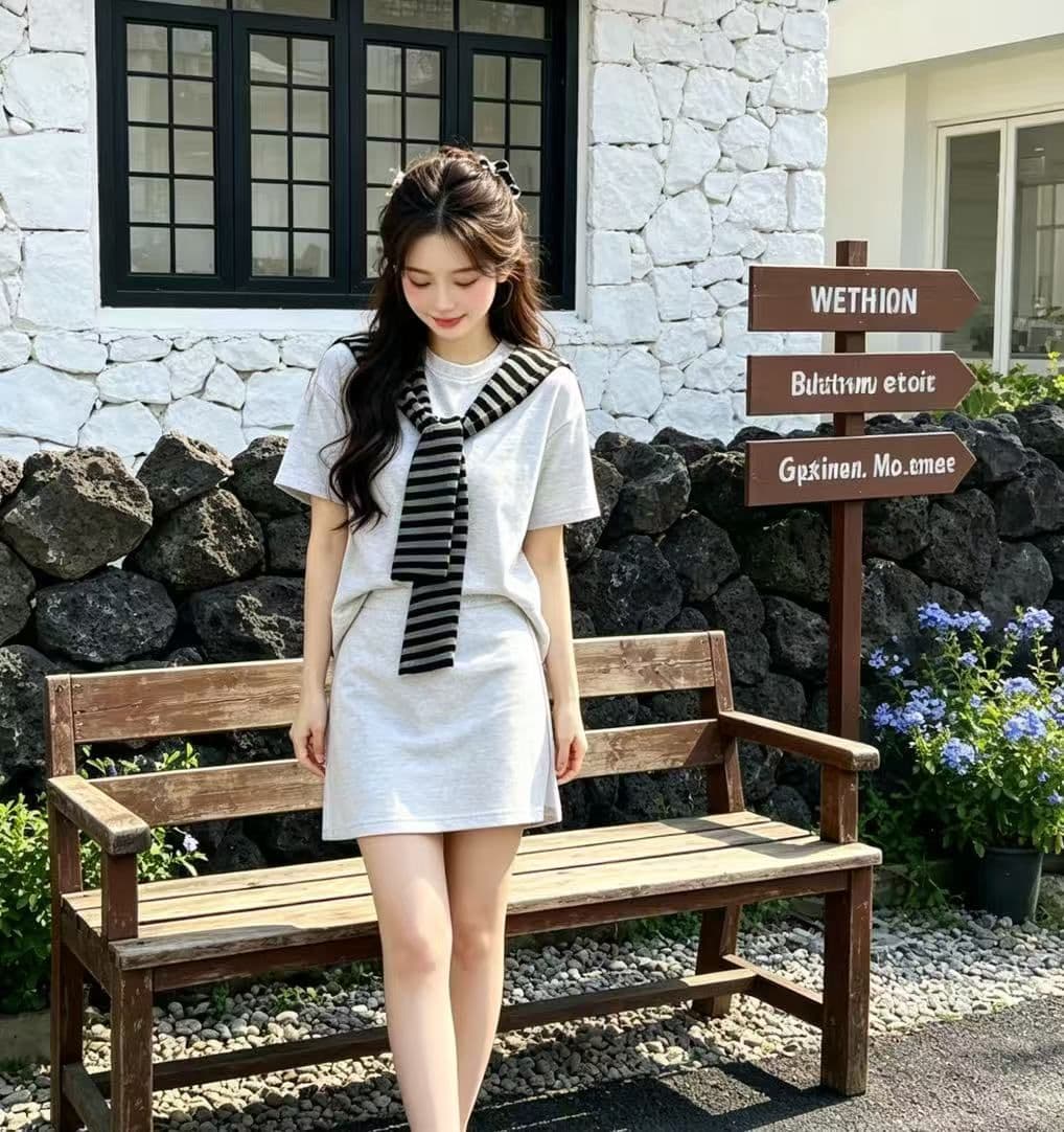 한 부서 투피스 슈트 2026 다용도 숄 반팔 캐주얼 여름 새로운 루즈핏 맨위 세트 미니 스커트 상세 이미지 1