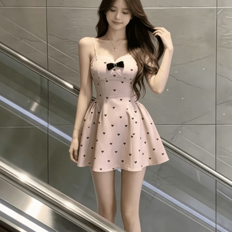 부드러운 바람 레이스 조각 슬립 핑크색 여성 드레스 나비 매듭 프린트 허리 수축 A라인 스커트 슬림해 보이는 미니 스커트 여름 이미지 2