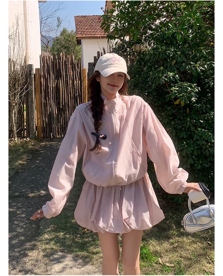 핑크색 쇼트 스타일 맨위 꽃밭 치마 세트 여성 여름 달콤함 착용 가져 가라. 전체 집합 자외선 차단 의류 반신 스커트 투피스 세트 이미지 4