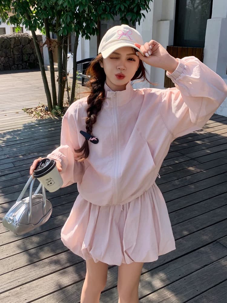 핑크색 쇼트 스타일 맨위 꽃밭 치마 세트 여성 여름 달콤함 착용 가져 가라. 전체 집합 자외선 차단 의류 반신 스커트 투피스 세트 상세 이미지 6