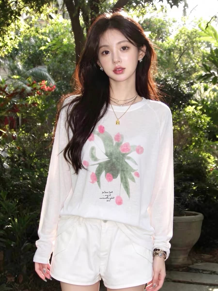 180 그램 아마 눈꽃 긴팔 티셔츠 태양 보호 셔츠 기본 셔츠 블라우스 통기성 루즈핏 상세 이미지 2