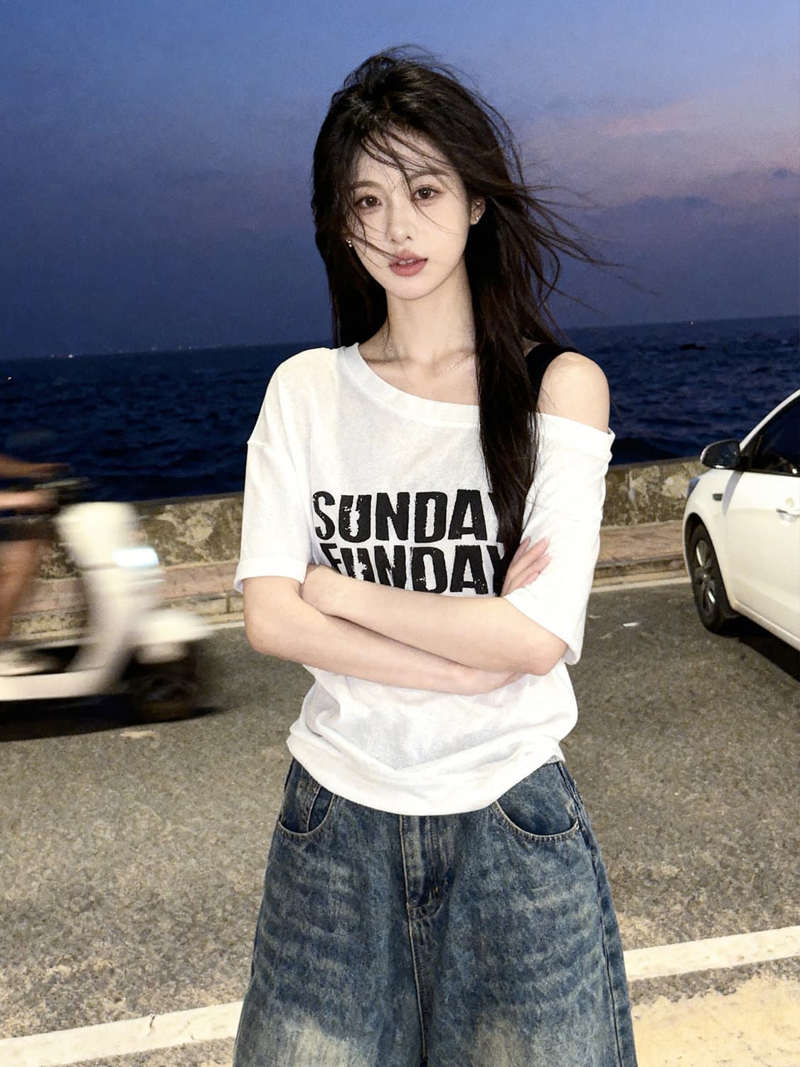 220 그램 92 면 8 암모니아 Lun 느낌 슈퍼 쿨 미끄러짐 프린트 비스듬한 어깨 슬립 반팔 티셔츠 여성 이미지 3