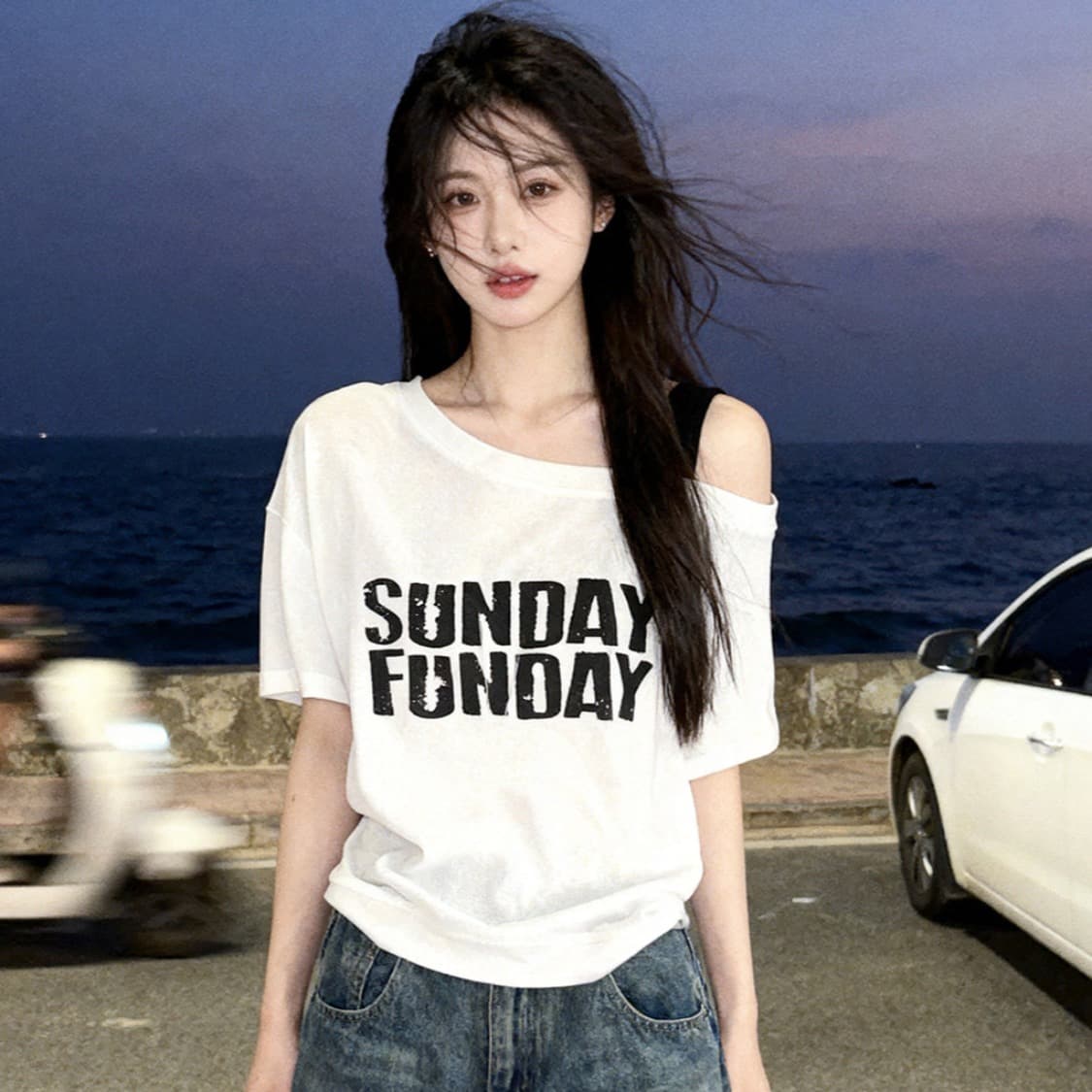 220 그램 92 면 8 암모니아 Lun 느낌 슈퍼 쿨 미끄러짐 프린트 비스듬한 어깨 슬립 반팔 티셔츠 여성