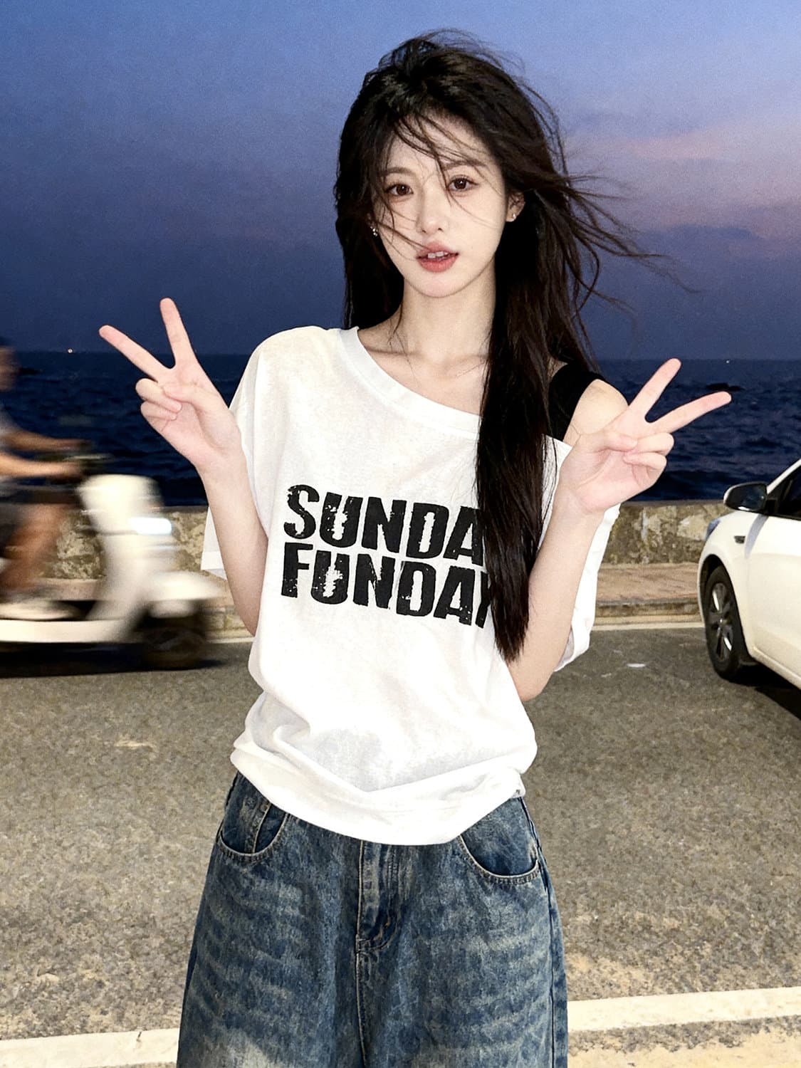 220 그램 92 면 8 암모니아 Lun 느낌 슈퍼 쿨 미끄러짐 프린트 비스듬한 어깨 슬립 반팔 티셔츠 여성 상세 이미지 3