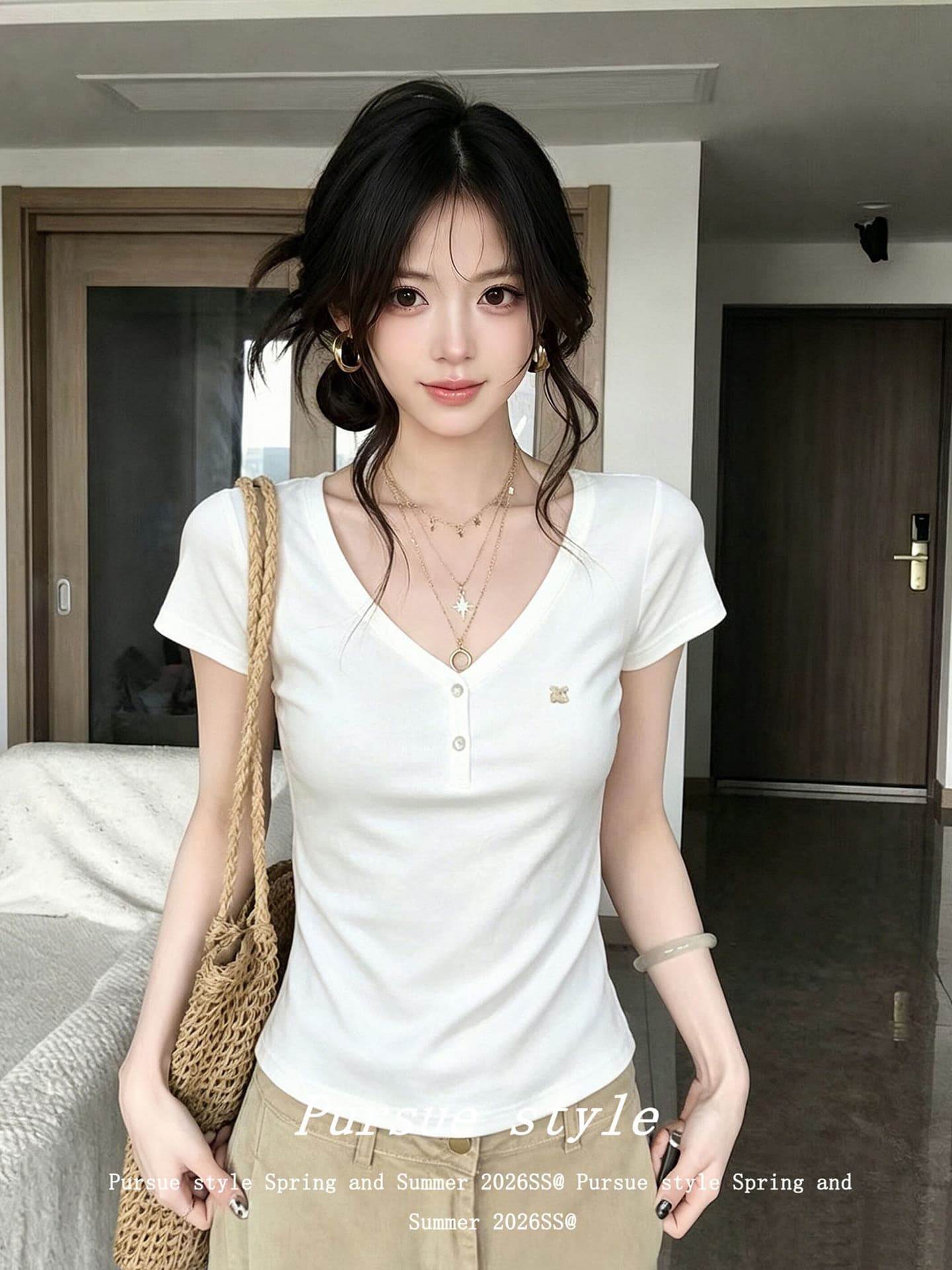 경관 그림 220 그램 물 부드러운 면 반팔 티셔츠 여성 의류 여름 새로운 몸매 가꾸기 슬림해 보이는 단추 V넥 한 첨부 된 의류 이미지 4