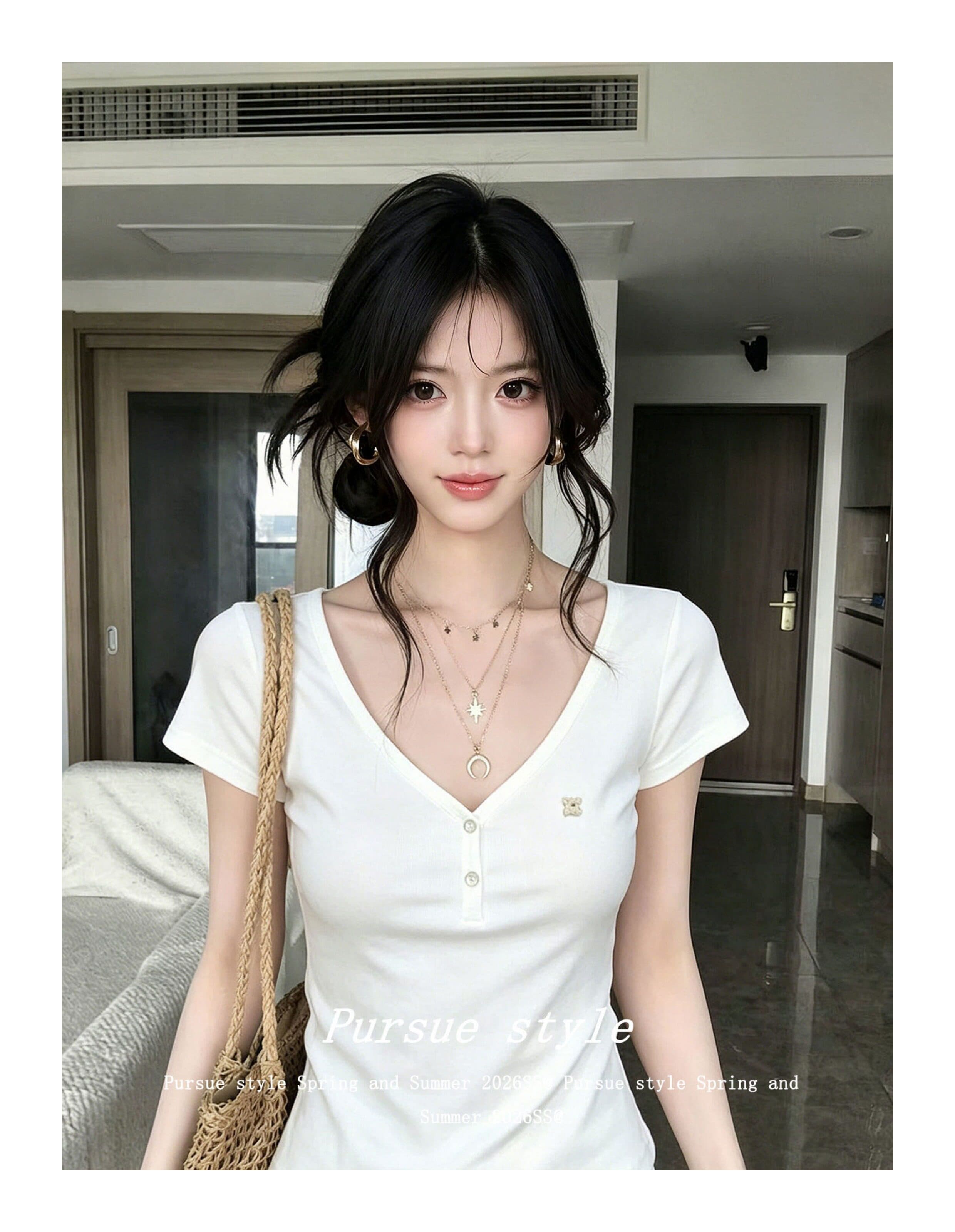 경관 그림 220 그램 물 부드러운 면 반팔 티셔츠 여성 의류 여름 새로운 몸매 가꾸기 슬림해 보이는 단추 V넥 한 첨부 된 의류 상세 이미지 4