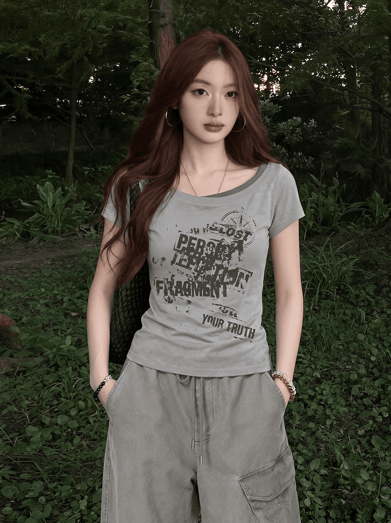 경관 그림 반팔 티셔츠 여성 의류 여름 새로운 몸매 가꾸기 디자인 센스 프린트 슬림해 보이는 페이크 레이어드 한 첨부 된 의류 상세 이미지 8