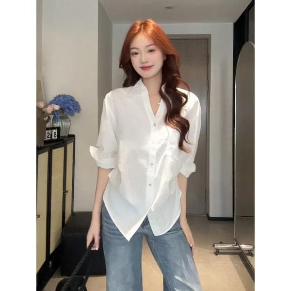 화이트 스트라이프 긴팔 여성 셔츠 디자인 센스 외부 가져 가라. 자외선 차단 셔츠 루즈핏 얇은 스타일 품격 맨위 이미지 4