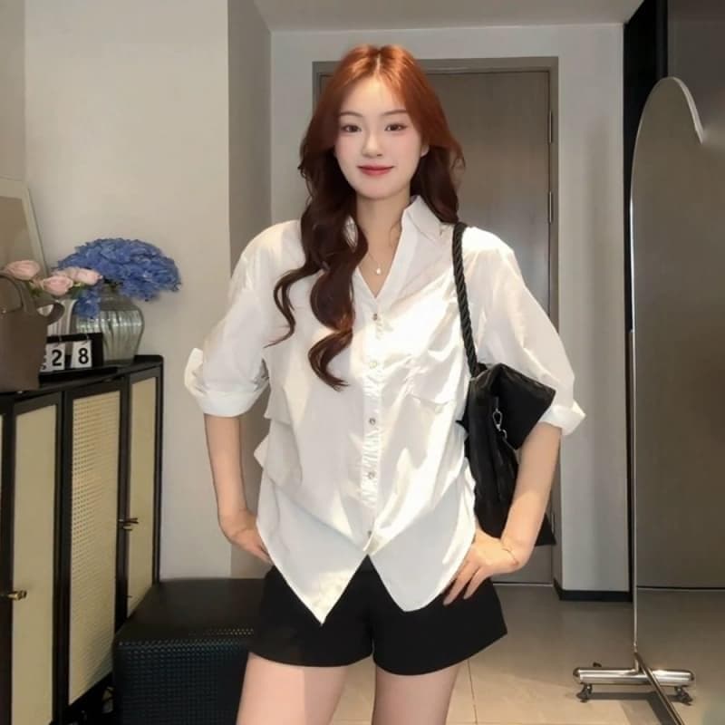 화이트 스트라이프 긴팔 여성 셔츠 디자인 센스 외부 가져 가라. 자외선 차단 셔츠 루즈핏 얇은 스타일 품격 맨위 상세 이미지 1