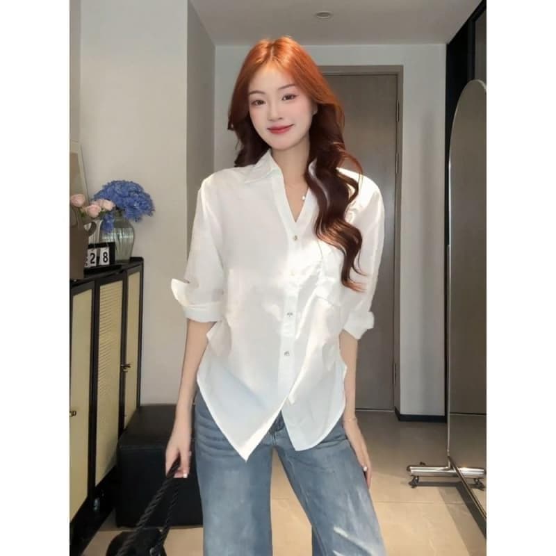 화이트 스트라이프 긴팔 여성 셔츠 디자인 센스 외부 가져 가라. 자외선 차단 셔츠 루즈핏 얇은 스타일 품격 맨위 상세 이미지 5