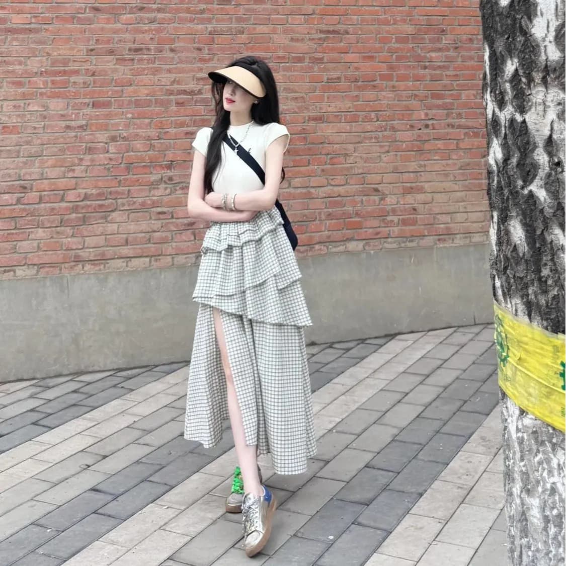 한 부서 ins 패션 패치워크 체크무늬 여성 드레스 여름 2026 디자인 센스 다중 레이어 치마 트임 케이크 드레스 이미지 5