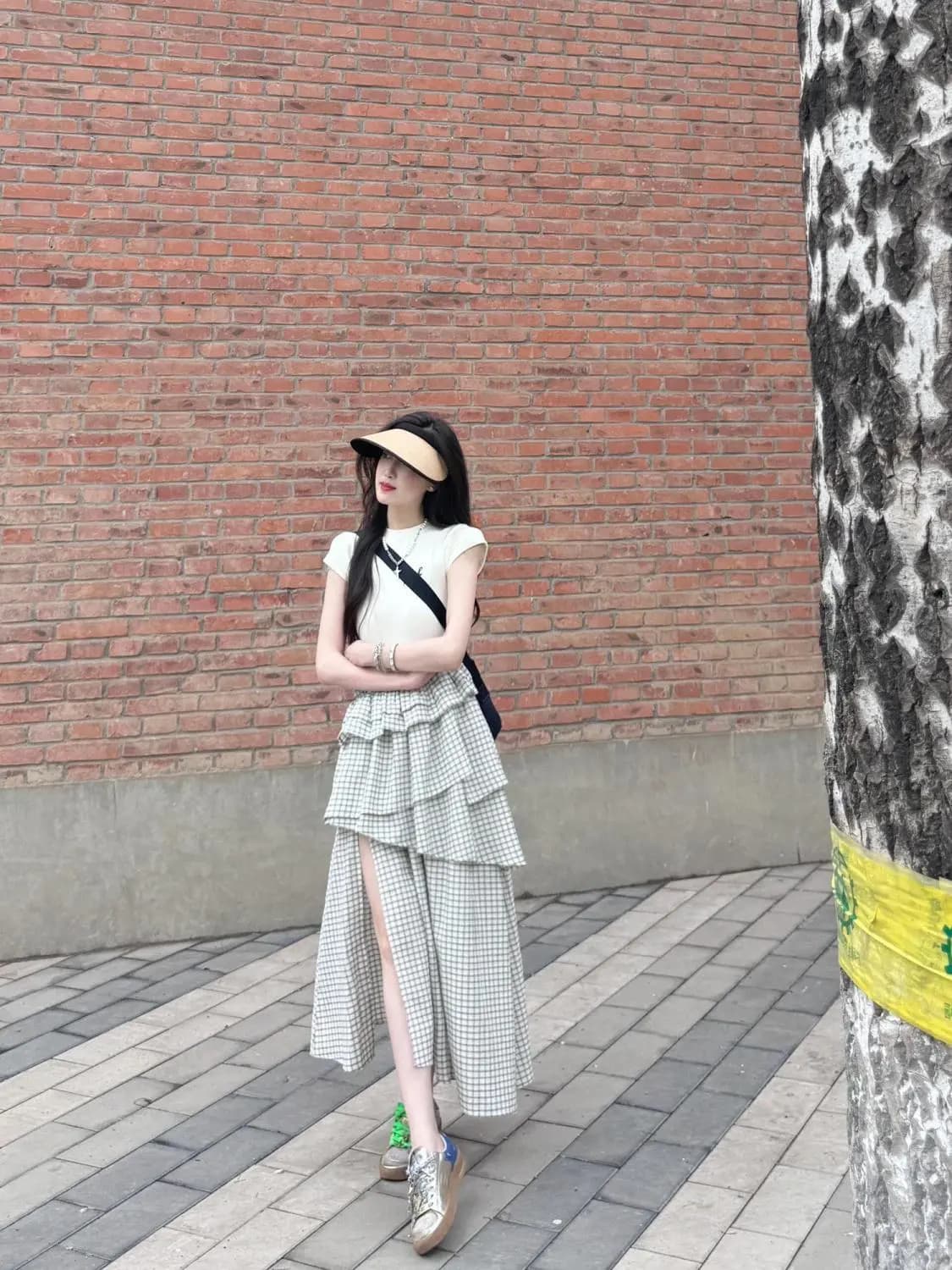한 부서 ins 패션 패치워크 체크무늬 여성 드레스 여름 2026 디자인 센스 다중 레이어 치마 트임 케이크 드레스 상세 이미지 1