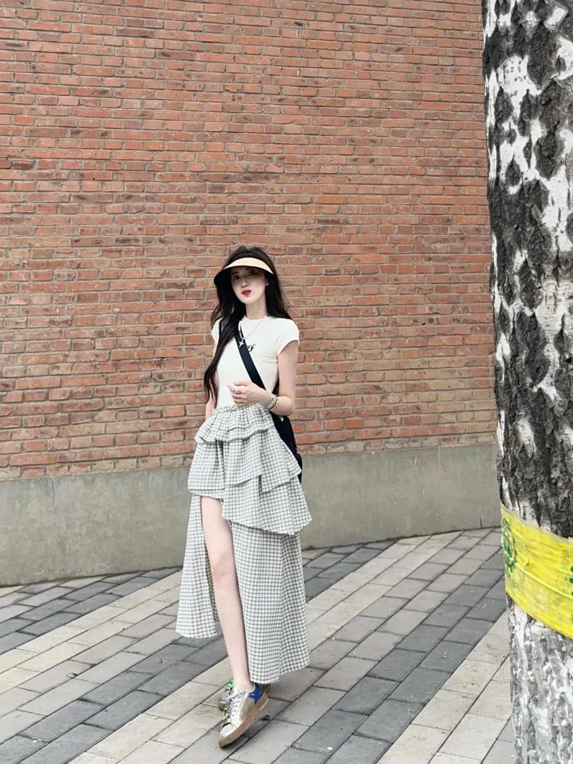 한 부서 ins 패션 패치워크 체크무늬 여성 드레스 여름 2026 디자인 센스 다중 레이어 치마 트임 케이크 드레스 상세 이미지 6