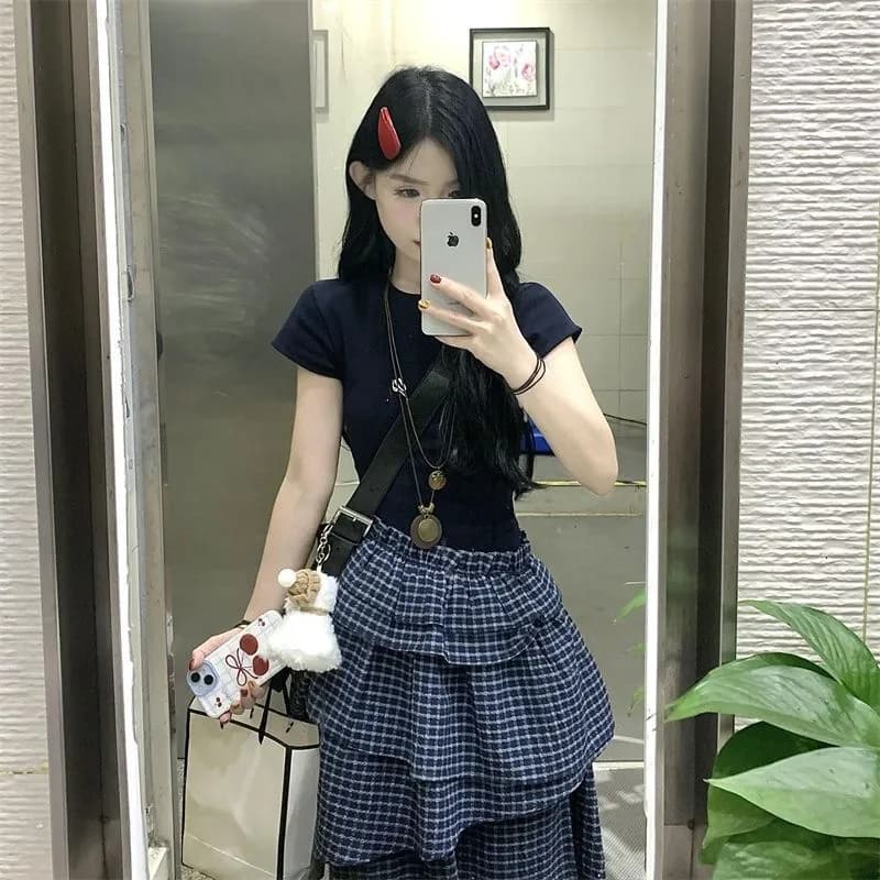 한 부서 ins 패션 패치워크 체크무늬 여성 드레스 여름 2026 디자인 센스 다중 레이어 치마 트임 케이크 드레스 상세 이미지 7