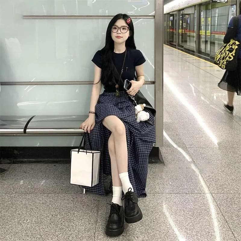 한 부서 ins 패션 패치워크 체크무늬 여성 드레스 여름 2026 디자인 센스 다중 레이어 치마 트임 케이크 드레스 상세 이미지 9