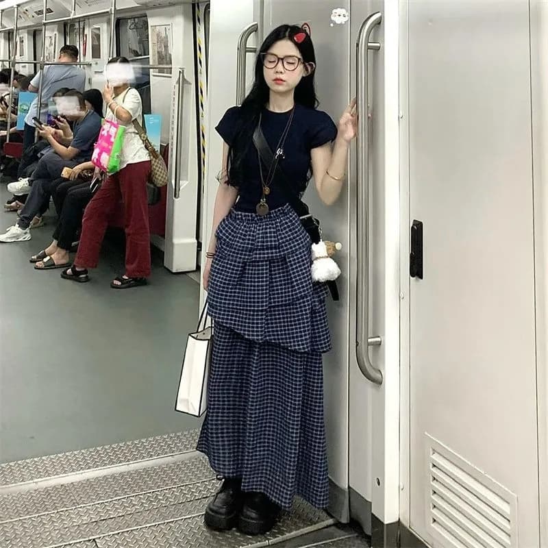 한 부서 ins 패션 패치워크 체크무늬 여성 드레스 여름 2026 디자인 센스 다중 레이어 치마 트임 케이크 드레스 상세 이미지 10