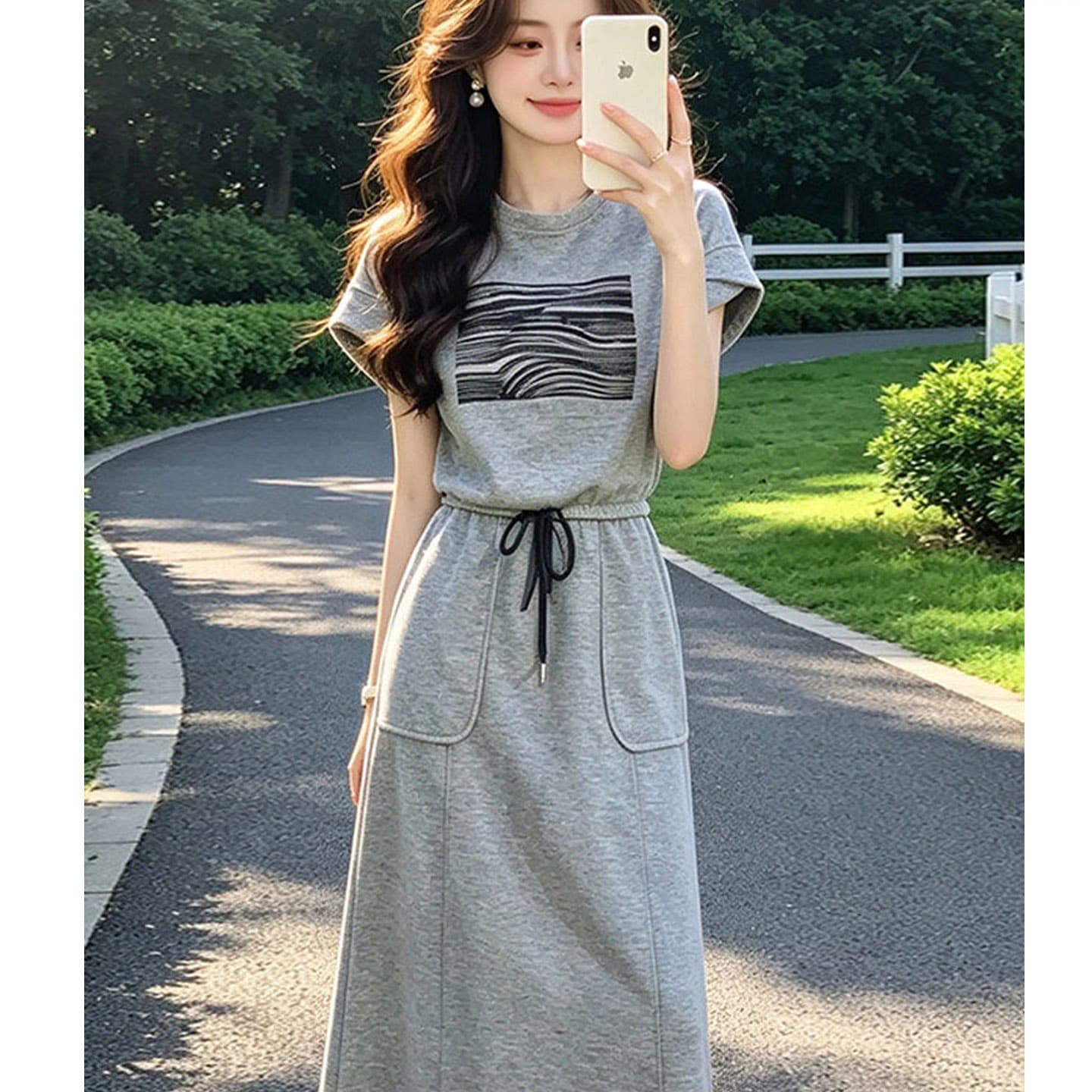 차가운 실크 코튼 2026 여름 새로운 패션 캐주얼 스포츠 슈트 여성 외국 가스 반팔 반신 스커트 투피스 세트 트렌디 이미지 4