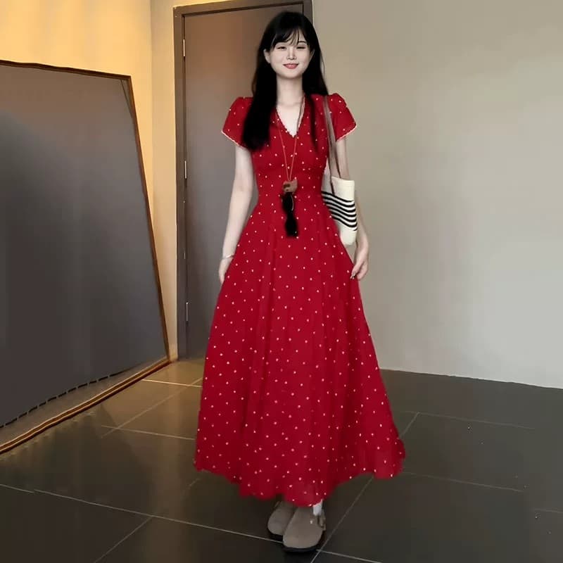 빨간색 품격 V넥 도트 무늬 반팔 여성 드레스 2026 여름 허리 수축 배 모양 몸 슬림해 보이는 치마 상세 이미지 2
