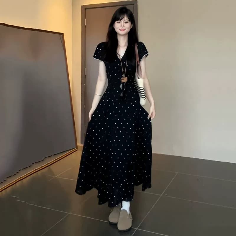 빨간색 품격 V넥 도트 무늬 반팔 여성 드레스 2026 여름 허리 수축 배 모양 몸 슬림해 보이는 치마 상세 이미지 5