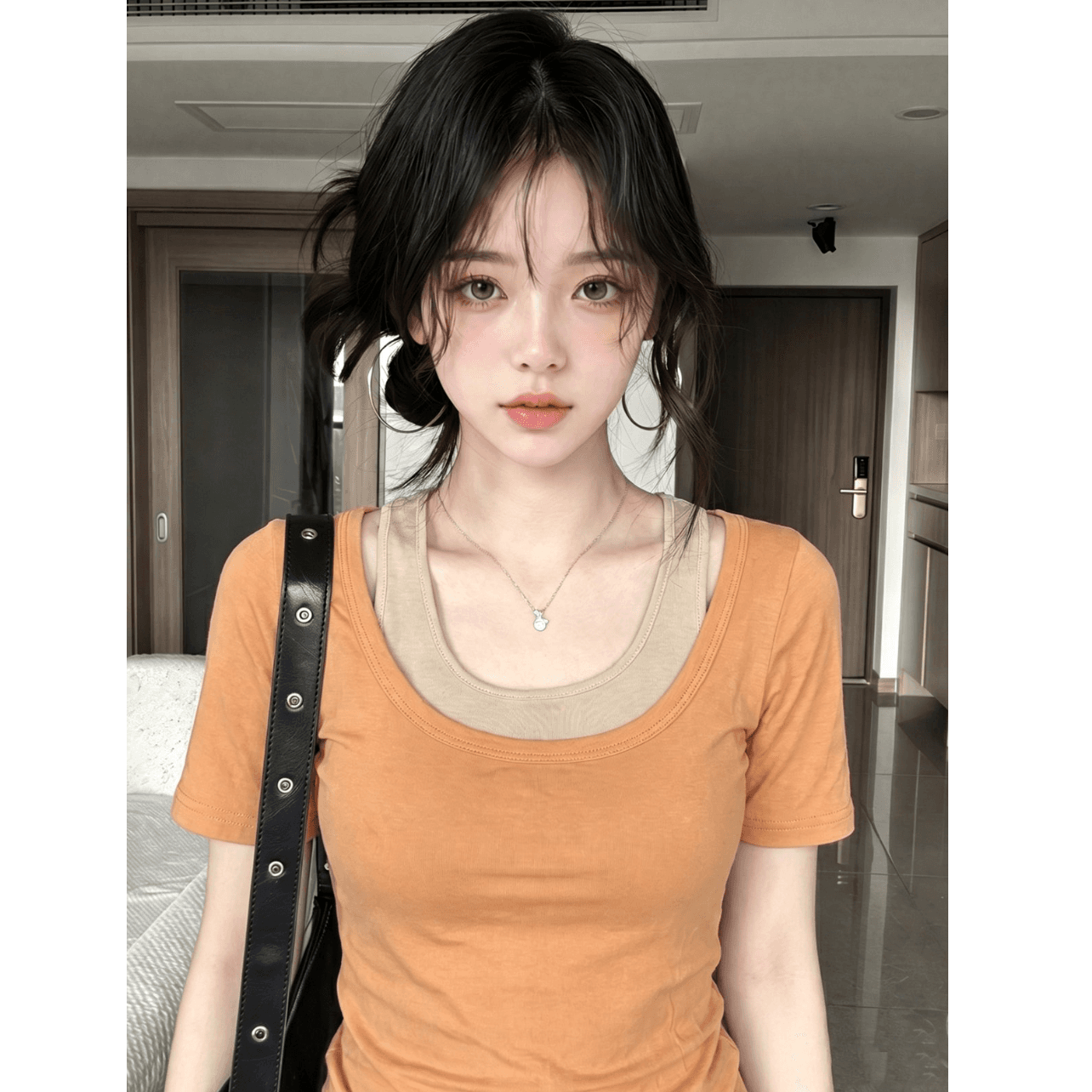 한 부서 사실 두 조각 u 칼라 반팔 티셔츠 여성 여름 몸매 가꾸기 슬림해 보이는 도파민 착용 가져 가라. 캐미솔 세트 맨위 이미지 5