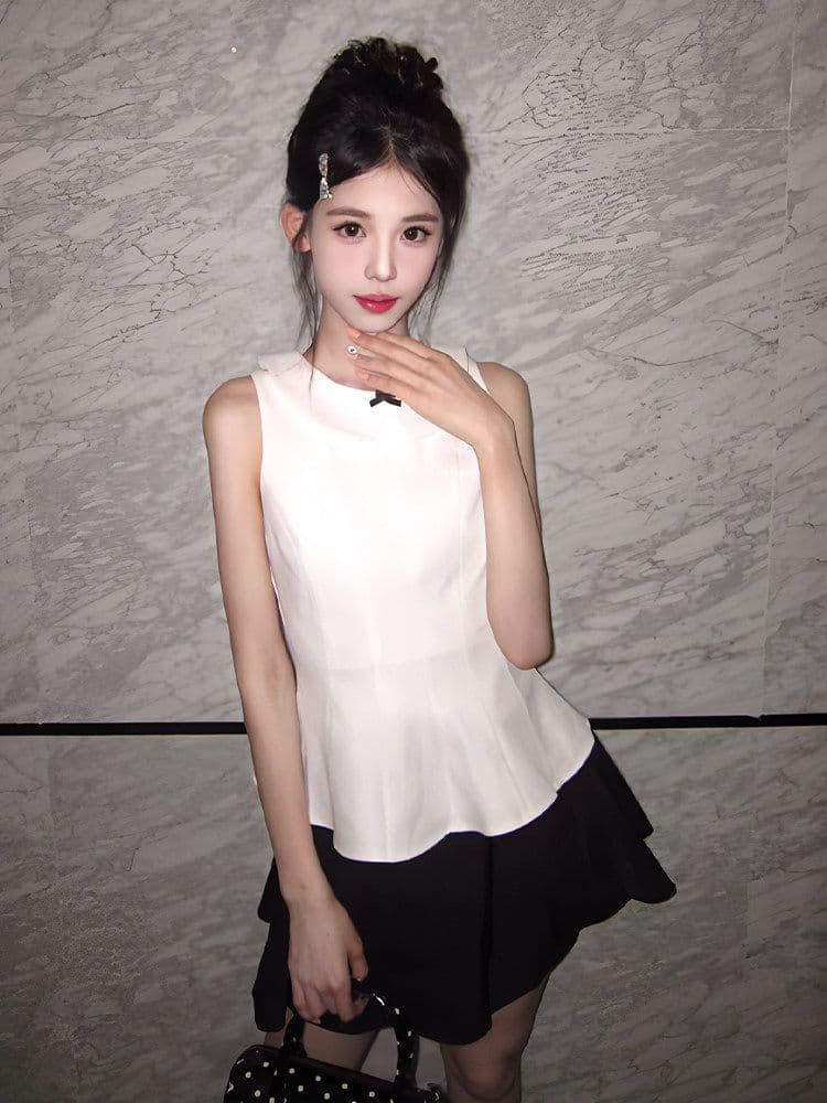 miu 부서 ootd 전체 집합 나비 매듭 민소매 맨위 검정색 반 스커트 여성 여름 고유 한 아름다운 착용 가져 가라. 세트 상세 이미지 5