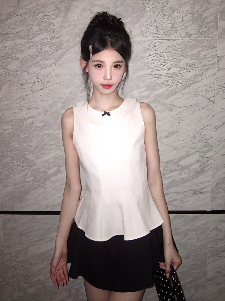 miu 부서 ootd 전체 집합 나비 매듭 민소매 맨위 검정색 반 스커트 여성 여름 고유 한 아름다운 착용 가져 가라. 세트 상세 이미지 8