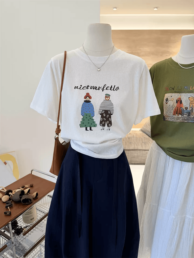 경관 그림 21 순면 210 그램 이후 패키지 칼라 여름 드레스 한 부서 반팔 티셔츠 여성 한국 스타일 루즈핏 빅 사이즈 프린트