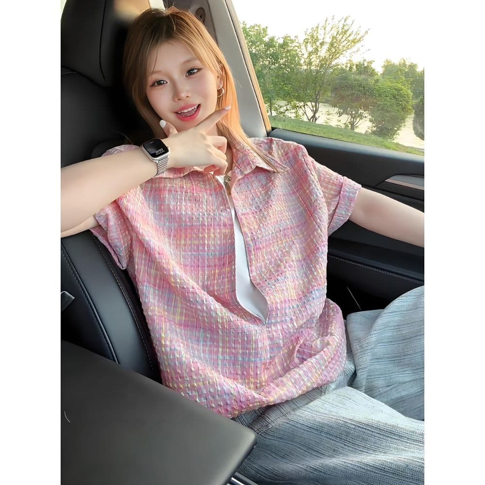 아메리칸 페이크 레이어드 반팔 셔츠 남녀 여름 얇은 스타일 작은 샤넬 스타일 셔츠 재킷 스택 착용 고급 센스 하프 컷 소매 이미지 2