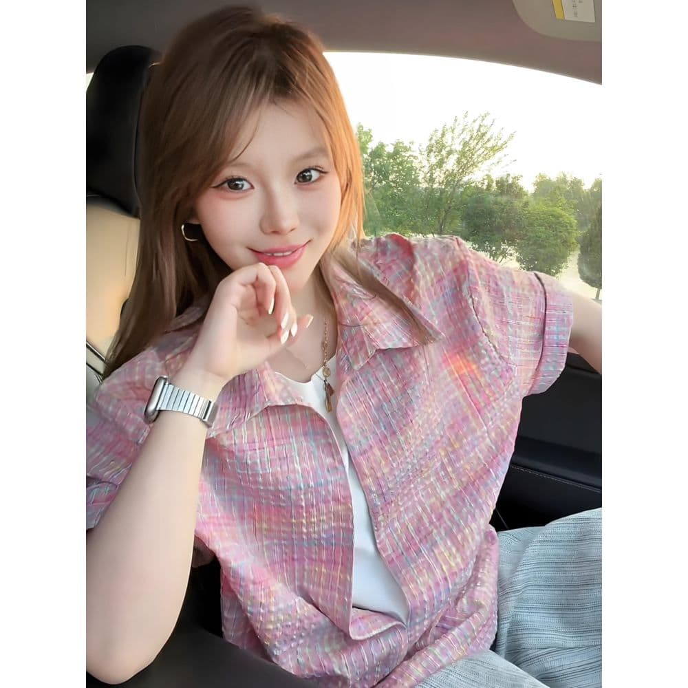 아메리칸 페이크 레이어드 반팔 셔츠 남녀 여름 얇은 스타일 작은 샤넬 스타일 셔츠 재킷 스택 착용 고급 센스 하프 컷 소매 이미지 3
