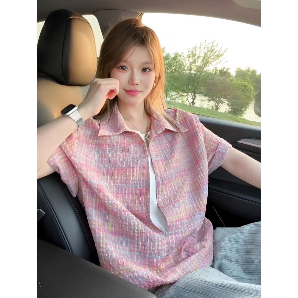 아메리칸 페이크 레이어드 반팔 셔츠 남녀 여름 얇은 스타일 작은 샤넬 스타일 셔츠 재킷 스택 착용 고급 센스 하프 컷 소매 상세 이미지 5