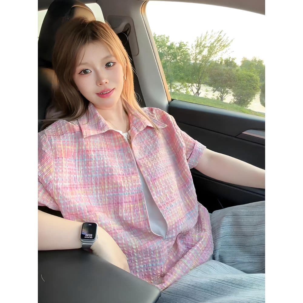 아메리칸 페이크 레이어드 반팔 셔츠 남녀 여름 얇은 스타일 작은 샤넬 스타일 셔츠 재킷 스택 착용 고급 센스 하프 컷 소매 상세 이미지 6