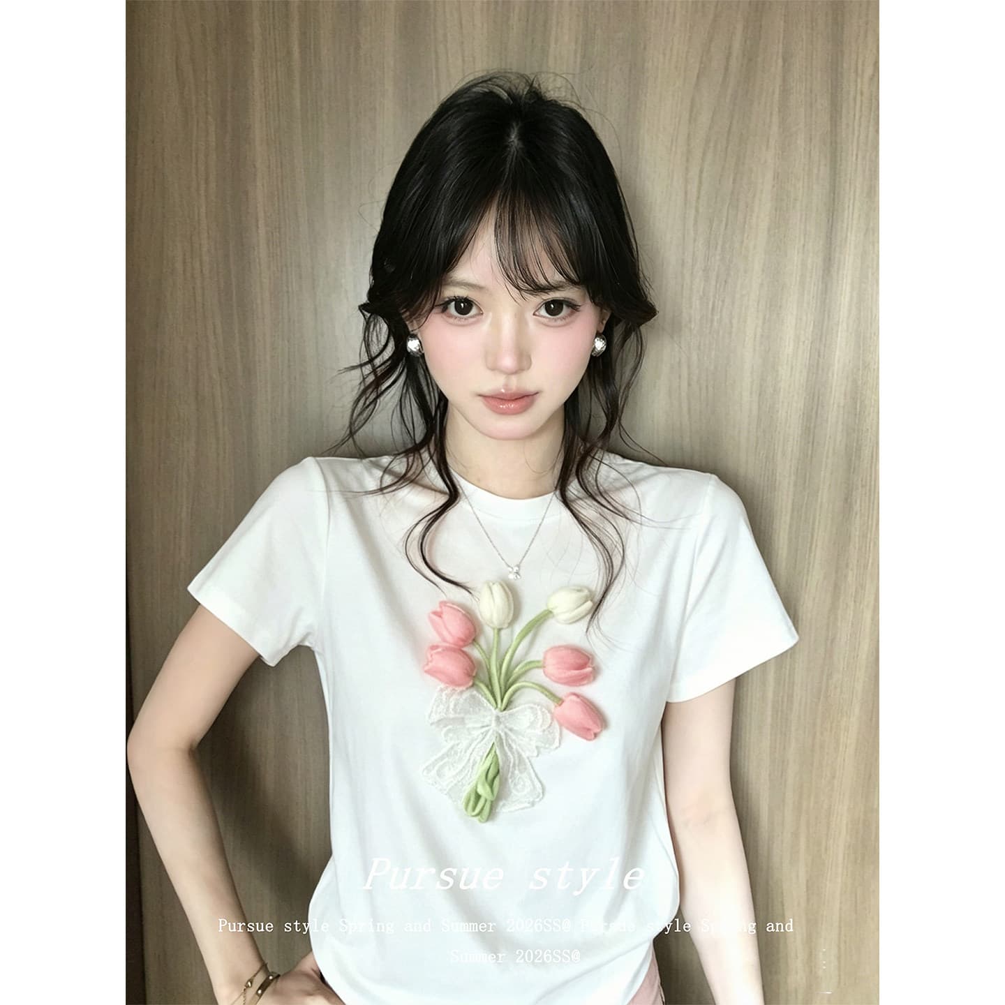 210 그램 좋은 면 한국 스타일 긍정적 인 어깨 티셔츠 여성 여름 착용 가져 가라. 3 차원 꽃 화이트 라운드 넥 반팔 디자인 센스 맨위 상세 이미지 1