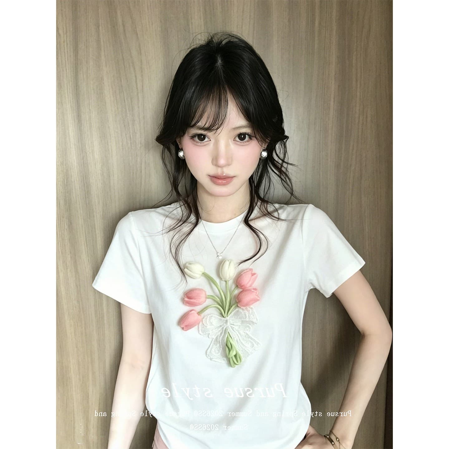 210 그램 좋은 면 한국 스타일 긍정적 인 어깨 티셔츠 여성 여름 착용 가져 가라. 3 차원 꽃 화이트 라운드 넥 반팔 디자인 센스 맨위 상세 이미지 4
