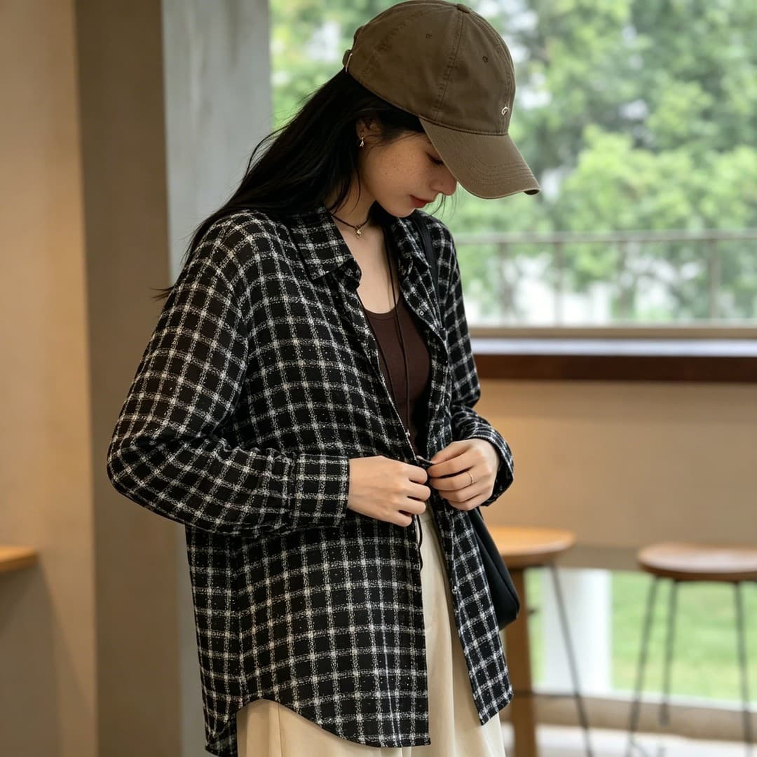 긴팔 쉬폰 자외선 차단 의류 여성 여름 새로운 빅 사이즈 루즈핏 통기성 얇은 스타일 격자 무늬 셔츠 다용도 재킷 이미지 3