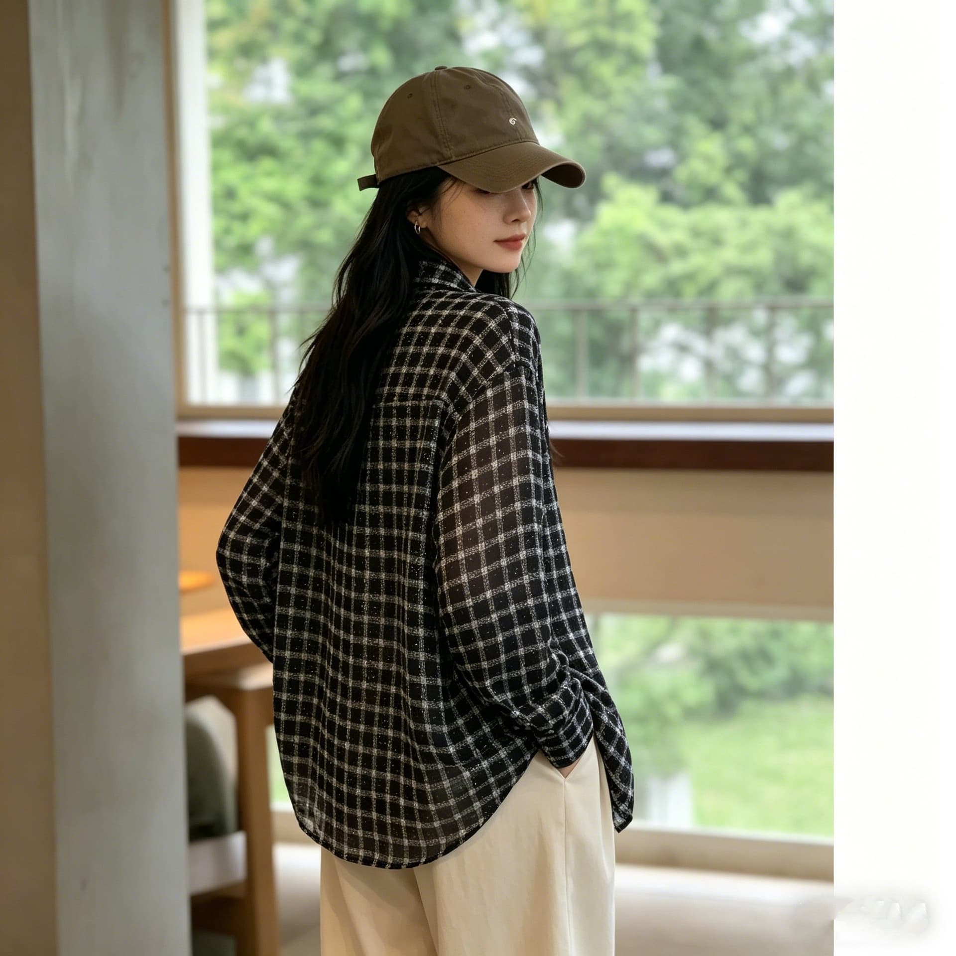 긴팔 쉬폰 자외선 차단 의류 여성 여름 새로운 빅 사이즈 루즈핏 통기성 얇은 스타일 격자 무늬 셔츠 다용도 재킷 상세 이미지 10