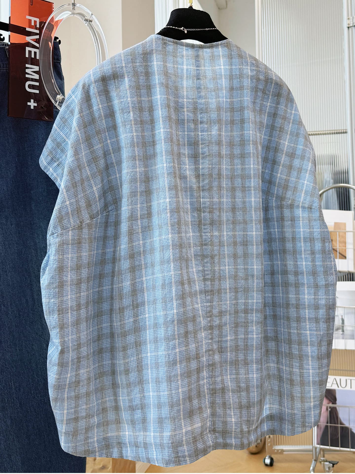 원본 원단 특별 빅 사이즈 200 kg 느긋한 바람 고유 한 레트로 체크무늬 반팔 여성 셔츠 상세 이미지 6
