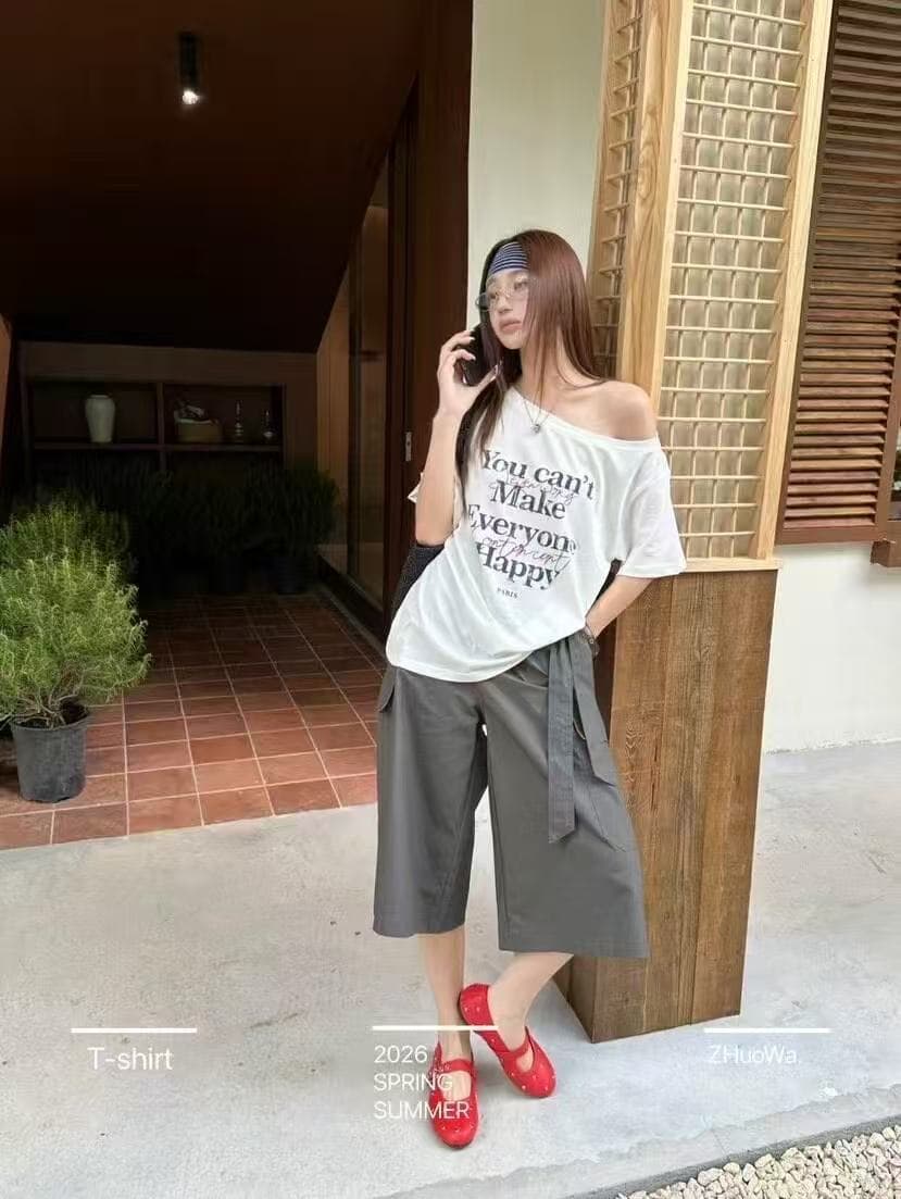 220 그램 92 면 8 암모니아 Lun 아메리칸 핫걸 비스듬한 어깨 알파벳 프린트 반팔 티셔츠 여성 이미지 3