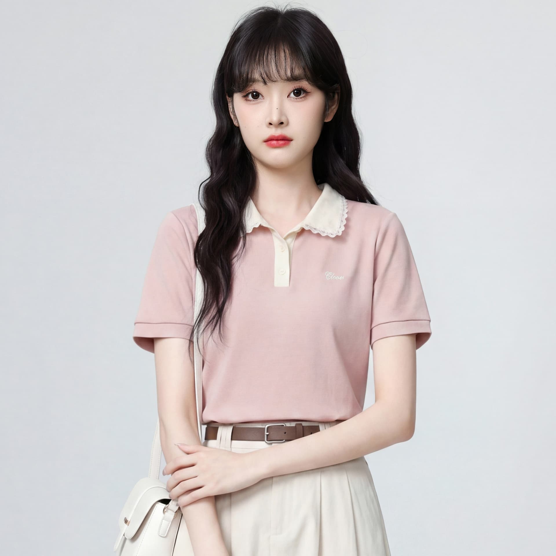 눈꽃 구슬 그라운드 210 그램 반팔 티셔츠 여성 의류 여름 새로운 디자인 센스 자수 POLO 칼라 맨위 상세 이미지 2